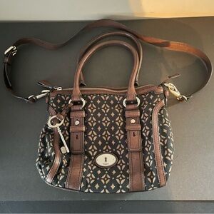 Fossil Maddox black canvas and leather satchel